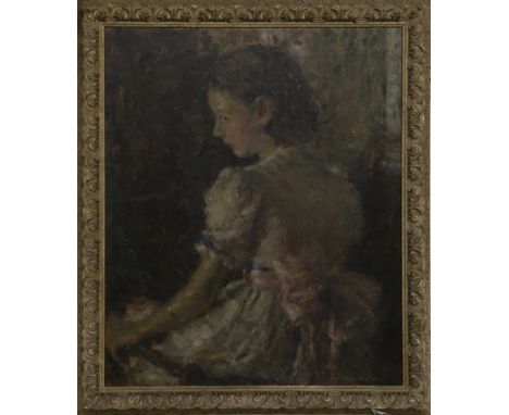 MARY MACKENZIE (SCOTTISH 1888 - 1937), GIRL WITH THE ROSE SASH oil on board, signed, titled label verso image size 60cm x 50c