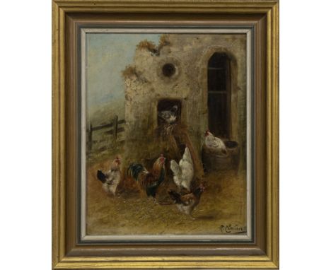 R CLAUSER (EARLY 20TH CENTURY), CHICKENS FEEDING oil on canvas, each signed image size 27cm x 20 each overall size 33cm x 28c