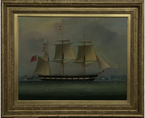 BRITISH SCHOOL SHIP PORTRAIT oil on canvas image size 45cm x 58cm, overall size 64cm x 76cm Framed.