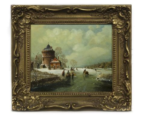 DUTCH SCHOOL, COPY OF AN OLD MASTER FROZEN RIVER SCENE oil on board, signed indistinctly image size 24.5cm x 29.5cm, overall 