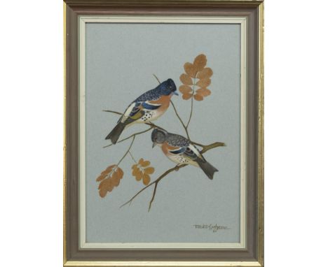 * RALSTON GUDGEON RSW (SCOTTISH 1910 - 1984), BRAMBLEFINCHES gouache on paper, signed, titled label verso image size 37cm x 2