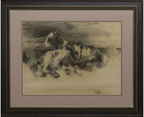 DAVID GAULD RSA (SCOTTISH 1865 - 1936), TWO CALVES SKETCH pencil on paper, signed image size 43cm x 59cm, overall size 71cm x