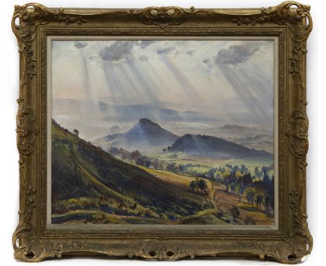 * DAME LAURA KNIGHT (BRITISH 1877 - 1970), SUN RAYS ON THE MALVERN HILLS oil on canvas, signed; titled label verso image size