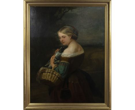 CARL WAGNER (GERMAN 1796 - 1867), PORTRAIT OF A PEASANT GIRL WITH A PIGEON oil on canvas, signed image size 105cm x 80cm, ove
