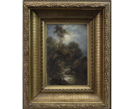 POLLOCK SINCLAIR NISBET ARSA RSW (SCOTTISH 1848 -1922), LANDSCAPE WITH ROCKY RIVER oil on board, signed image size 24cm x 16c