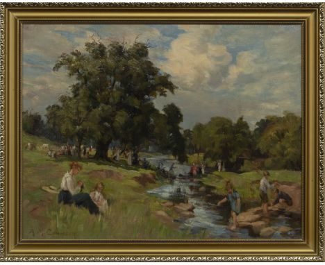AGNES M COWIESON (SCOTTISH fl. 1880 - 1940), A DAY BESIDE THE BURN oil on canvas, signed image size 36cm x 46cm, overall size