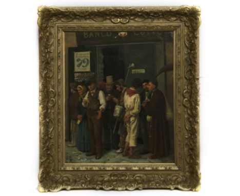 CONTINENTAL SCHOOL BANCO DEL LOTTO oil on canvas, initialled 'E M' image size 40cm x 34cm, overall size 55cm x 49cm Framed.