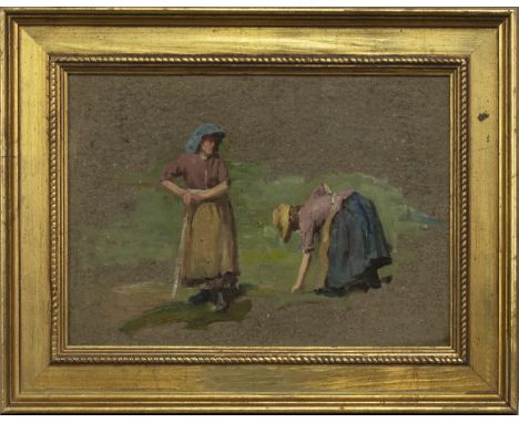 ROBERT GEMMELL HUTCHISON RSA RBA ROI RSW (SCOTTISH 1855-1936), WOMEN AT WORK oil on board, signed verso image size 22cm x 32c