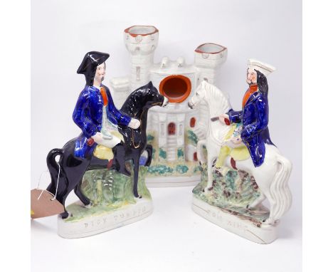 Two Staffordshire figures of Dick Turpin and Tom King, together with a watch stand 