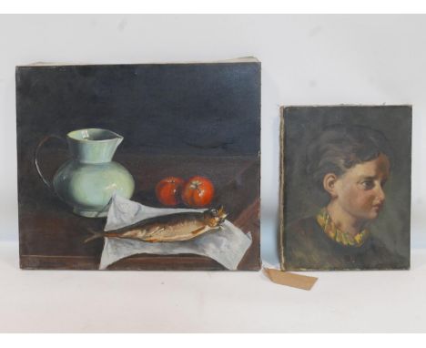 Yves Hervochon, a still life of a fish, two apples and a jug, signed and dated 1959 to lower left, oil on canvas, 46 x 55cm, 