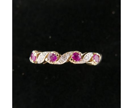 A boxed 9ct yellow gold ring set with 4 round faceted rubies inter-spaced by diamonds, Size: K 1/2, 1.8g. 
