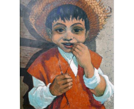 Peter Barrett, 'Juanito', half-length portrait of a boy, oil on canvas, signed lower right, with tag for Royal Academy exhibi