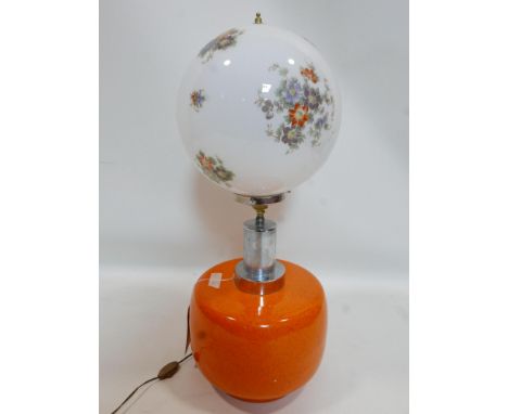 A vintage orange ceramic table lamp with chrome fitting and glroal glass shade, H.74cm 