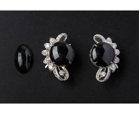 A PAIR OF 'BLACK JADE' DIAMOND EARRINGS AND A LOOSE CABOCHON Set in platinum, the cabochon nephrite jades with round brillian