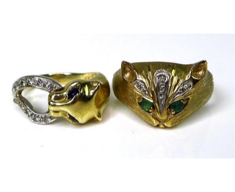 Private collection-Vintage and Modern design rings: Two 9ct gold rings formed as cats, the first a tabby with emerald eyes an