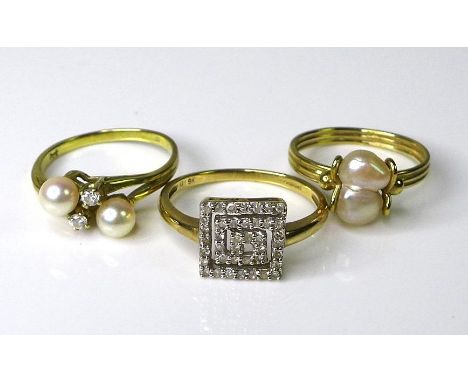 Private Collection-Vintage and Modern design rings: Three 9ct gold rings, featuring diamonds and pearls, the first of Greek k