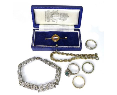 A 9ct gold and diamond Esso long service bar brooch to Mrs I M Simpson, dated October 1951, complete with original box, toget