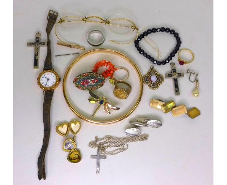 A collection of silver, gold and costume jewellery, including a rolled 9ct gold bangle, 9ct gold front and backed locket, sil