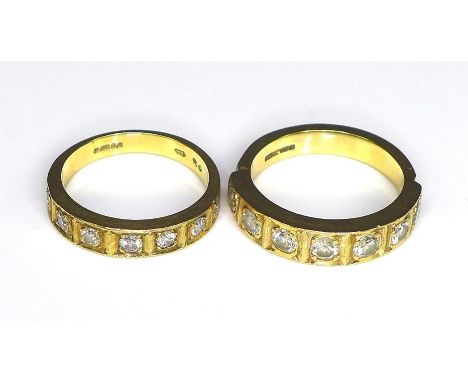 Private collection-Vintage and Modern design rings: Two 9ct gold and diamond bands, each set with seven diamonds in recessed 