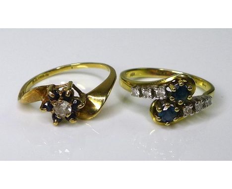 Private Collection-Vintage and Modern design rings: Two 9ct gold, diamond and sapphire rings, the first formed of two sapphir