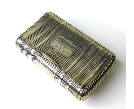A silver snuff box, possibly Georgian, with line decoration, presentation engraved 'J Abbott presented by E J Heaps', 7 by 4 