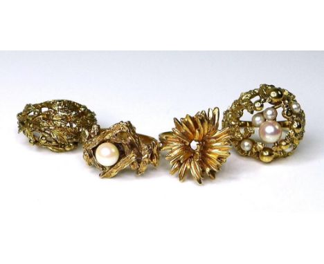 Private Collection-Vintage and Modern design rings: A group of four 9ct gold rings of organic design, formed as bark, coral a