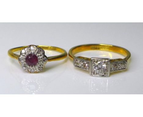 Two 18ct gold rings, the first of Art Deco style set with a central brilliant cut diamond of approximately 0.25ct in a white 
