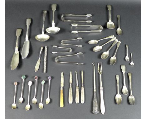 A collection of silver flatware, including a 19th century Sterling silver needle case, a 20th century Masonic butter knife, p