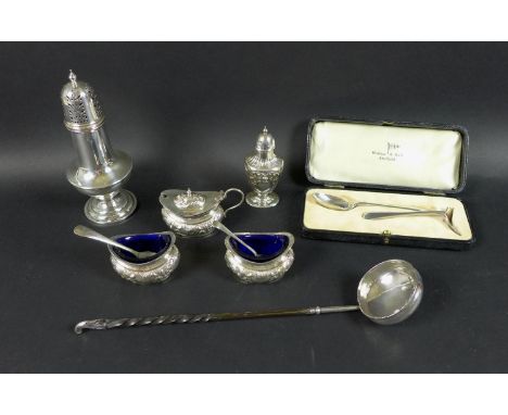 An assortment of silver items, comprising an early 20th century sugar sifter by Gorham Manufacturing Co. 1915, an early 19th 