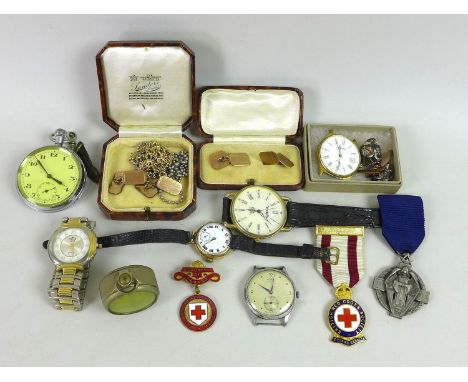 A collection of medals, badges, watches and cufflinks, including a pair of 9ct gold cufflinks, engine turned design, 3.5g, bo