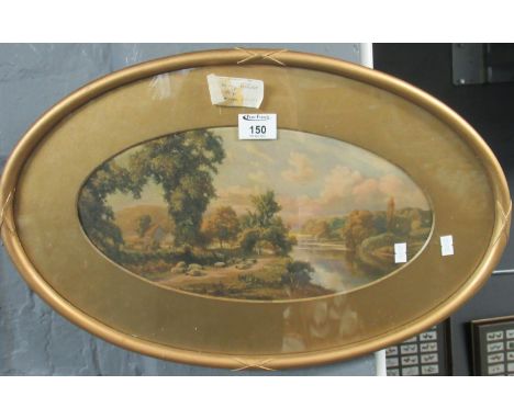 After Henry Holder, landscape with river and sheep, coloured print. Oval. 19 x 37cm approx.(B.P. 21% + VAT) 