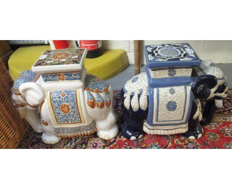 Two similar Indian design ceramic garden seats in the form of elephants. 43cm high approx. (2) (B.P. 21% + VAT)&nbsp;&nbsp;A 