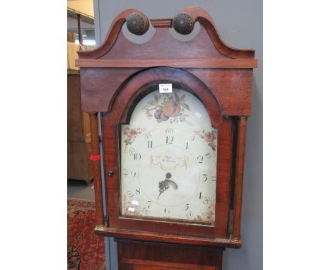 Early 19th century oak cased 30 hour longcase clock, having painted face with Arabic numerals and decorated with fruit and fl