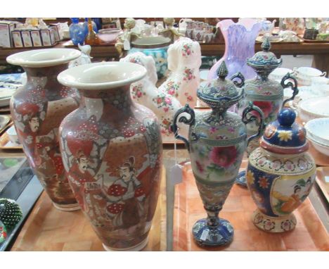 2 Trays of Oriental Ceramics to include 2 large Japanese Vases decorated in Reds and Rusts with Japanese figures in a landsca
