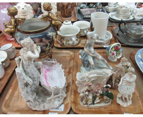 Two trays of assorted ornaments to include:  large Lladro figurine of a pierrot/jester, an Aynsley ceramic basket of flowers,