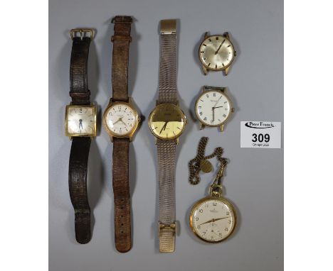 Collection of assorted gent's wrist watches and a pocket watch to include vinatge Ingersoll with sweep seconds hand, and a sq