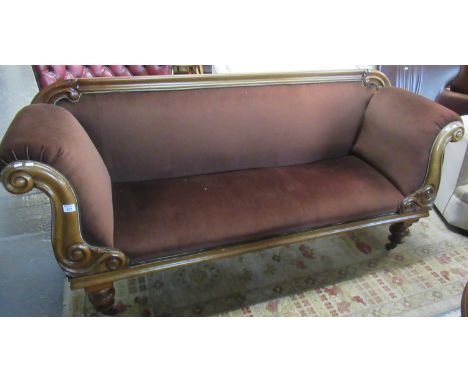 Victorian mahogany show frame, double ended sofa, the carved and moulded top rail above a padded back with scroll arms, stand