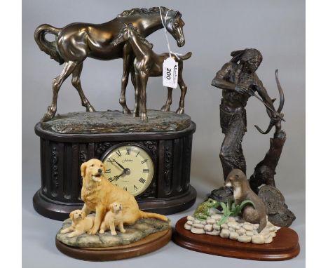 Two Border Fine Arts sculptures of Labrador and pups, and otter with frog, together with a bronzed Indian with bow and arrow 