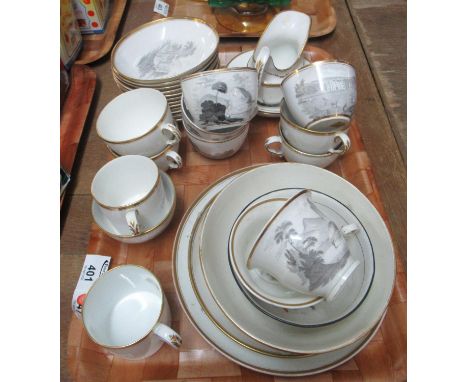 Group of 19th Century bat printed black and white transfer printed china items to include tea cups, coffee cans and saucers, 