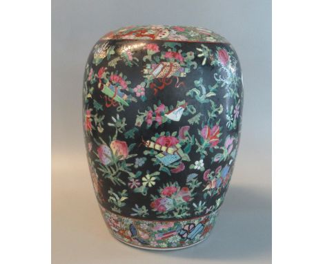 Chinese Canton style, possibly Macau decorated, famille rose enamel tall jar, missing it's cover, with polychrome fruits, flo