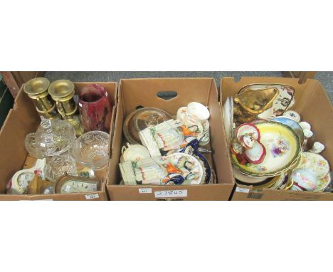 Three boxes of assorted items to include: three mantel clocks, set of Royal Worcester Chamberlain soups bowls and saucers, he