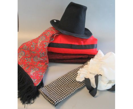 A Welsh Ladies or Childs Costume with Hat together with a Vintage Silk Top Hat with wooden stretcher - the box marked G A Dun