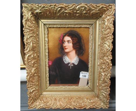 Portrait of a Victorian lady on a porcelain plaque marked R P M Germany. 26 x 19cm approx. (B.P. 21% + VAT)&nbsp;&nbsp;Frames