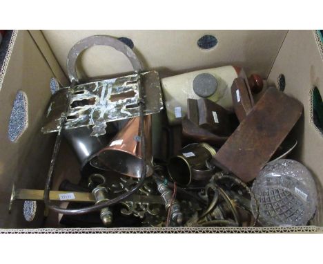 Box of assorted items to include: stone hot water bottle, conical shaped copper cider measure, pewter tankards, pair of Churc