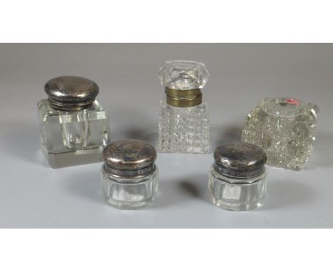 Box of silver and glass topped dressing table jars, inkwell etc.(B. P. 21% + VAT) 