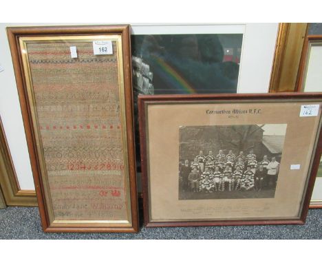 19th Century Welsh Tapestry Sampler by Emily Jane Williams June 4th 1888 together with an interesting photograph of Carmarthe