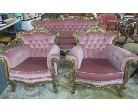 Rococo style parlour suite, the ornately carved gilded gesso frame above button-back upholstered design to include a large th