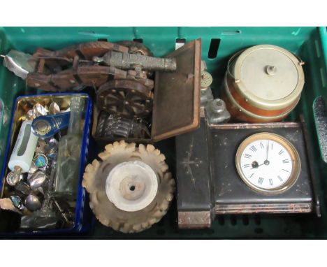 Box of assorted items to include: ceramic lined wooden and EPNS biscuit barrel, marble and slate mantel clock, wooden cannon,