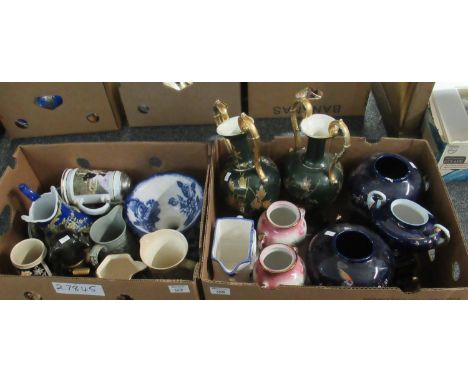 Two boxes of assorted china to include: green and gilt two-handled pedestal vases, a pair of Rockingham Pottery, Staffordshir