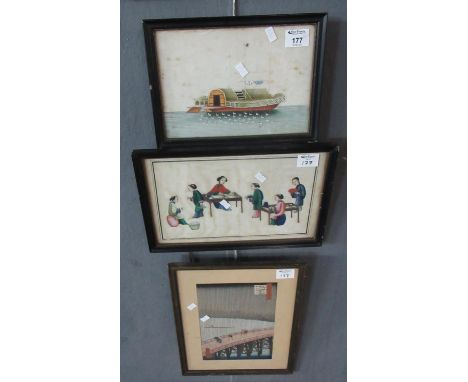 Two Chinese Paintings on Rice Paper, a Junk Style Vessel and various figures.  18x26cm approx and 19x33 cm approx together wi